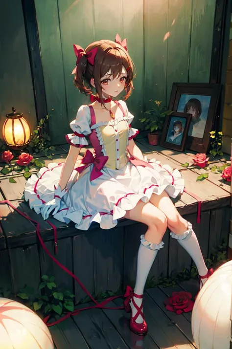 <lora:Hikari:1> HikariDef, brown eyes, red eyes, brown hair, short hair, hair ornament, hairclip,  <lora:Madoka:1> MadokaAi, kaname madoka, magical girl, rose, hair bow, hair ribbon, bow, ribbon, red ribbon, pink bow, red choker, ribbon choker, collarbone, soul gem, frills, dress, buttons, puffy short sleeves, frilled sleeves, white gloves, bubble skirt, socks, shoes,, absurdres, ultra detailed, masterpiece, best quality, aesthetic, detailed,