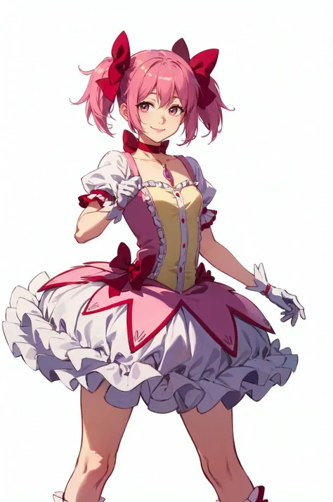 <lora:Madoka:1> MadokaAi, kaname madoka, pink eyes, pink hair, short hair, bangs, short twintails, small breasts, magical girl, rose, hair bow, hair ribbon, bow, ribbon, red ribbon, pink bow, red choker, ribbon choker, collarbone, soul gem, frills, dress, buttons, puffy sleeves, frilled sleeves, white gloves, bubble skirt, socks, shoes, 
smile, abstract background, reaching towards viewer, open hand, pink and white white background, cowboy shot, bow,   <lora:Feguimel [MockAi - v1.0]:0.8> feguimel, soft shading, realistic proportions,, absurdres, ultra detailed, masterpiece, best quality, aesthetic, detailed,