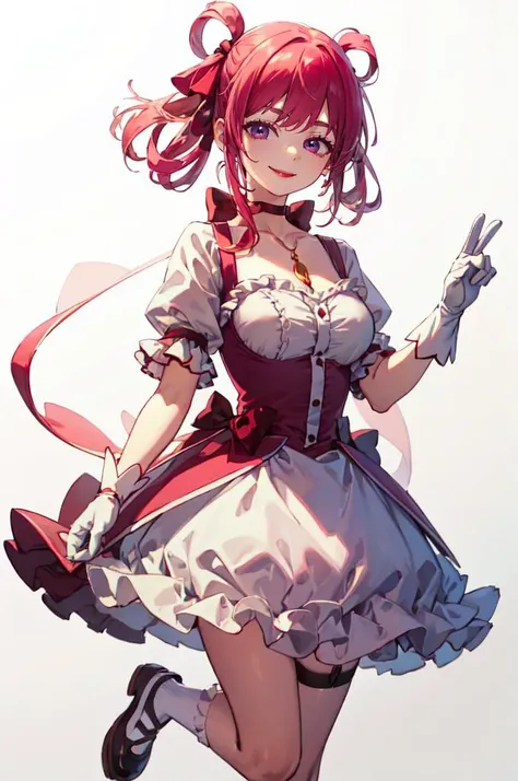 <lora:Madoka:1> MadokaAi, magical girl, rose, hair bow, hair ribbon, bow, ribbon, red ribbon, pink bow, red choker, ribbon choker, collarbone, soul gem, frills, dress, buttons, puffy short sleeves, frilled sleeves, white gloves, bubble skirt, socks, shoes, 
smile, abstract background, reaching towards viewer, open hand, pink background and white background, cowboy shot, bow, kaname madoka,, absurdres, ultra detailed, masterpiece, best quality, aesthetic, detailed,, solo, seductive smile, red lips,
1girl, purple eyes, red hair, blunt bangs, large breasts, <lora:hair_rings:1> low hair rings, <lora:EllaNyan:1>,