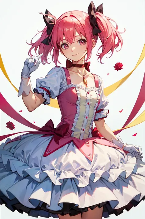 <lora:Madoka:1> MadokaAi, kaname madoka, pink eyes, pink hair, short hair, bangs, short twintails, small breasts, magical girl, rose, hair bow, hair ribbon, bow, ribbon, red ribbon, pink bow, red choker, ribbon choker, collarbone, soul gem, frills, dress, buttons, puffy sleeves, frilled sleeves, white gloves, bubble skirt, socks, shoes,
smile, abstract background, reaching towards viewer, open hand, pink and white white background, cowboy shot, bow,, absurdres, ultra detailed, masterpiece, best quality, aesthetic, detailed,