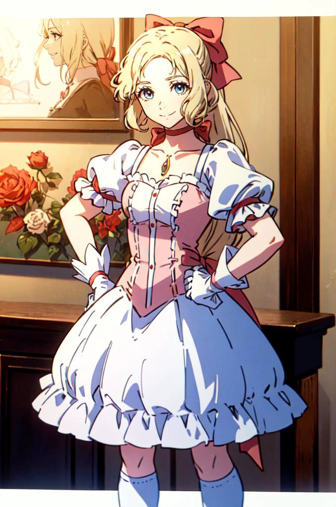 solo, cowboy shot, smile, hands on own hips, <lora:CastlevaniaMaria-v1:0.6> ChopioMaria, blue eyes, blonde hair, very long hair, wavy hair, eyelashes, hair ribbon, low ponytail, <lora:Madoka:1.3> MadokaAi, kaname madoka, magical girl, rose, hair bow, hair ribbon, bow, ribbon, red ribbon, pink bow, red choker, ribbon choker, collarbone, soul gem, frills, dress, buttons, puffy short sleeves, frilled sleeves, white gloves, bubble skirt, socks, shoes,, absurdres, ultra detailed, masterpiece, best quality, aesthetic, detailed,