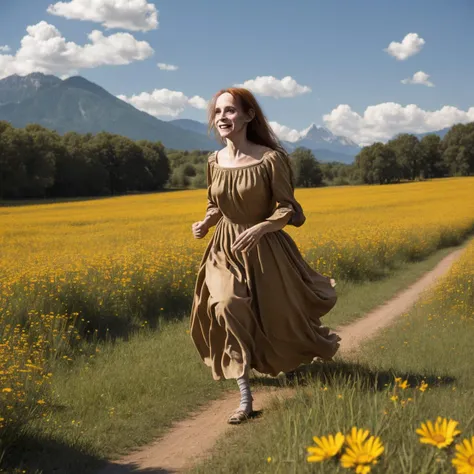 z3lda, yellow dress, walking in a field of wildflowers, mountain background