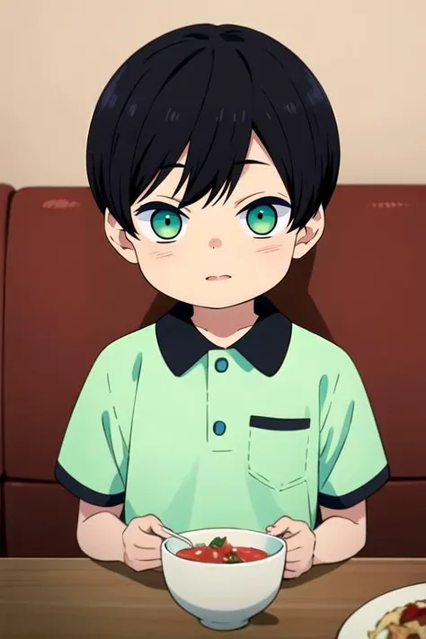 (best quality:1.1), (masterpiece:1.4), photorealistic, 1boy, solo, male focus, looking at viewer, , depth of field, , , <lora:gakuto_yuzuki:0.74>, gakuto_yuzuki, black hair, green eyes, short hair, child, , restaurant,