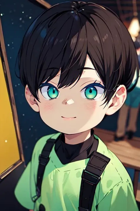 (best quality:1.1), (masterpiece:1.4), wallpaper, 1boy, solo, male focus, looking at viewer, upper body, depth of field, , , <lora:gakuto_yuzuki:0.92>, gakuto_yuzuki, black hair, green eyes, short hair, child, carnival costume, science fiction science fantasy,