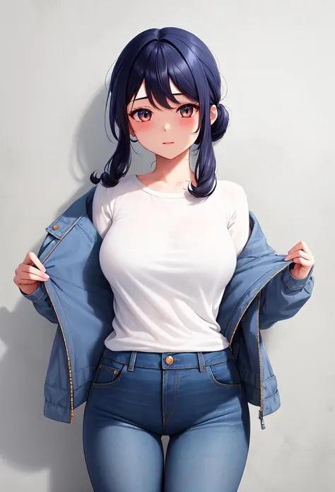 (best quality, masterpiece), 1girl, solo, mikoko, blue hair, white shirt, jacket, denim jeans, dramatic <lyco:mikokoPopNMusic:1.0>