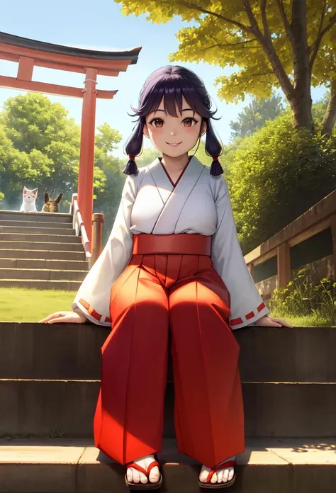 sitting, torii, stairs, cat, smile, looking at viewer
(best quality, masterpiece), 1girl, solo, mikoko, purple hair, miko outfit, red hakama <lyco:mikokoPopNMusic:1.0>