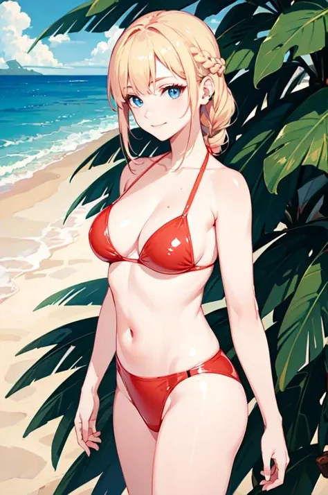 break (masutepiece:1.2), best quality, very high resolution, Unity 8k wallpaper, (beautiful detailed eyes:1.6), More detailed face, perfect lighting, extremely CG details,masterpiece、superior quality、high resolution、Tropical Summer、 2nd place swimsuit、1girl in、breasts、solo、(perfect hands, perfect anatomy)、a smile、the beach、Look at the spectators