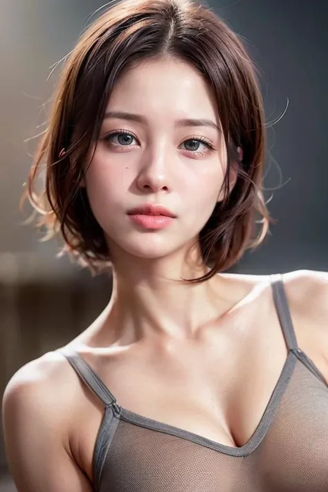 (A hyper-realistic), (illustratio), (hight resolution), (8K), (ighly detailed), (The best illustrations), (beatiful detailed eyes), (top-quality), (ultra-detailliert), (​masterpiece), (wall-paper), (详细的脸), drooing eyes,full of sweat,Upper body close-up,Armpit,short-hair,inner colored,独奏,Girl in simple white underwear, japanes, Colossal tits、Concrete background、夏天