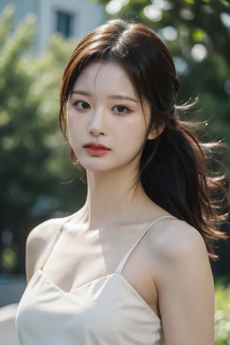 Best quality, masterpiece, ultra high res, (photorealistic:1.4), raw photo,1girl, solo, realistic, (looking at viewer:1.2), upper body,outdoor, bokeh background, white dress, <lora:makina69_sulyoon_v2.0:1>