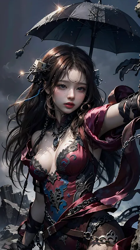 1girl, solo, white long hair, official art, unity 8k wallpaper, ultra detailed, beautiful and aesthetic, masterpiece, best quality, realistic, (zentangle, mandala, tangle, entangle), (fractal art), (ecstasy of silk:1.5), web, chain, extremely detailed, dynamic angle, epic composition, the most beautiful form of chaos, elegant, a brutalist designed, vivid colours, romanticism,  zhongfenghua, grey mist,