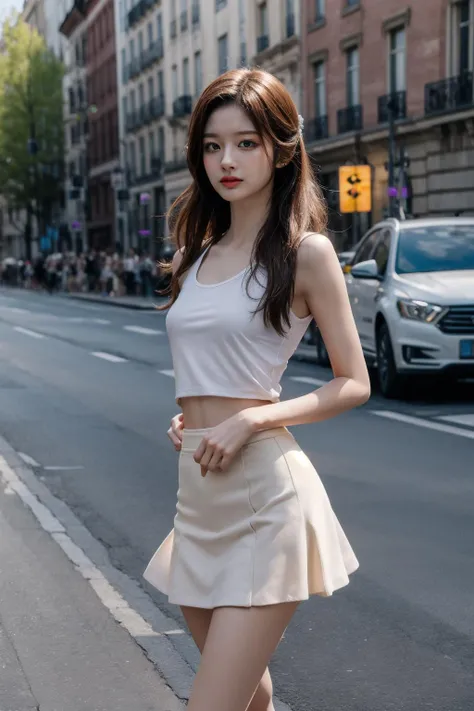 (realistic), (hyperrealism),best quality, masterpiece,ultra high res, (photorealistic:1.4),1girl,pale skin,petite,((skinny,slender legs)),(looking at viewer:2), outdoors ,
(cowboy shot), tank top , flared skirt, Bastille Day parade, dynamic pose