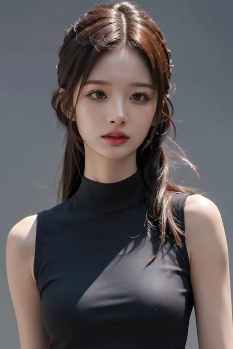 Best quality, masterpiece, ultra high res, (photorealistic:1.4), raw photo, 1girl, simple gray background, half body, looking at viewer, sleeveless