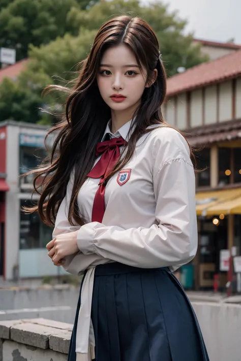 Best quality, masterpiece, ultra high res, (photorealistic:1.4), raw photo, 1girl, shops, cowboy shot, looking at viewer, school uniform