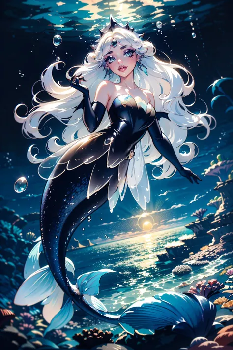 solo, masterpiece, hires,high resolution, best quality, fashion photography of blackpearl, <lora:blackpearl-10:0.9>, bratz, <lora:bratz3-01:0.5>, lips, large breasts, beautiful, makeup, mascara, lip gloss, perfect eyes, long eyelashes, long white hair, (mermaid:1.3), black scales, black gloves, shiny, shell bikini, <lora:mermaid_20231203140950:0.7>, looking up at viewer, (from above), photoshoot, in the sea, sitting on a coral rock, sea scenery, blue waves, daytime