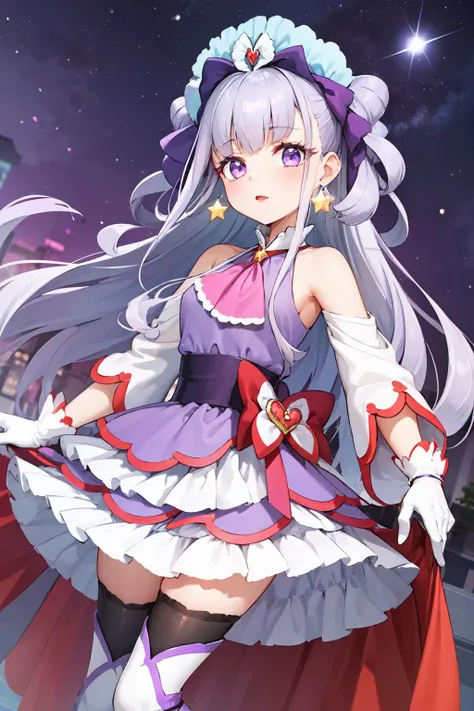 masterpiece,best quality,1girl,cure amour,light purple hair,purple eyes,purple dress,white gloves,ascot,wide sleeves,detached sleeves,layered dress,knee boots,purple thighhighs,pom pom earrings,headdress,lipstick,standing,starry sky,dutch angle,<lora:locon_cure_amour_01:0.85>,