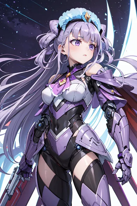 masterpiece,best quality,1girl,cure amour,light purple hair,purple eyes,lipstick,mecha musume,mechanical parts,robot joints,headgear,full armor,gauntlets,expressionless,looking away,standing,starry sky,dutch angle,<lora:locon_cure_amour_01:0.85>,<lora:Style-A-Mecha_musume-REN:0.8>,