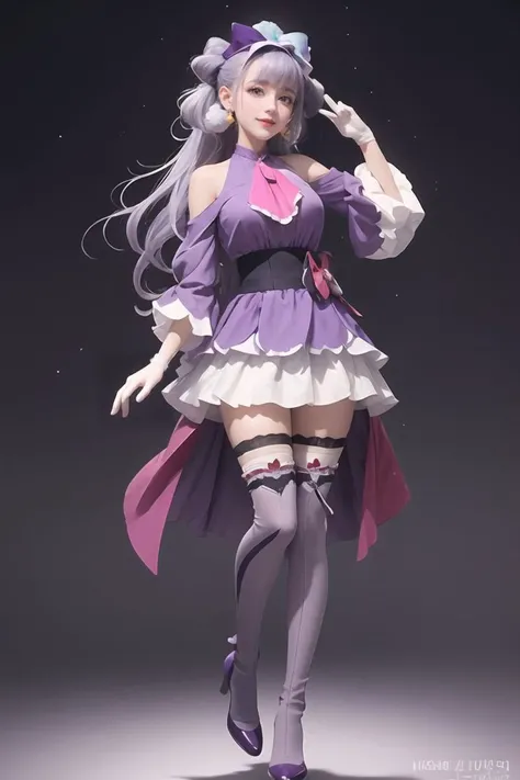 masterpiece, best quality, looking at viewer, depth of field, standing, full body, 1girl, <lora:locon_cure_amour_01:0.9>, cure amour, purple dress, white gloves, ascot, wide sleeves, detached sleeves, layered dress, knee boots, purple thighhighs, ribbon-trimmed, pom pom earrings, headdress, lipstick, smile, (gradient background), lens flare,