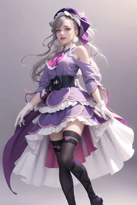 masterpiece, best quality, looking at viewer, depth of field, standing, full body, 1girl, <lora:locon_cure_amour_01:0.9>, cure amour, purple dress, white gloves, ascot, wide sleeves, detached sleeves, layered dress, knee boots, purple thighhighs, ribbon-trimmed, pom pom earrings, headdress, lipstick, smile, (gradient background), lens flare,