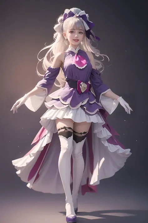 masterpiece, best quality, looking at viewer, depth of field, standing, full body, 1girl, <lora:locon_cure_amour_01:0.9>, cure amour, purple dress, white gloves, ascot, wide sleeves, detached sleeves, layered dress, knee boots, purple thighhighs, ribbon-trimmed, pom pom earrings, headdress, lipstick, smile, (gradient background), lens flare,