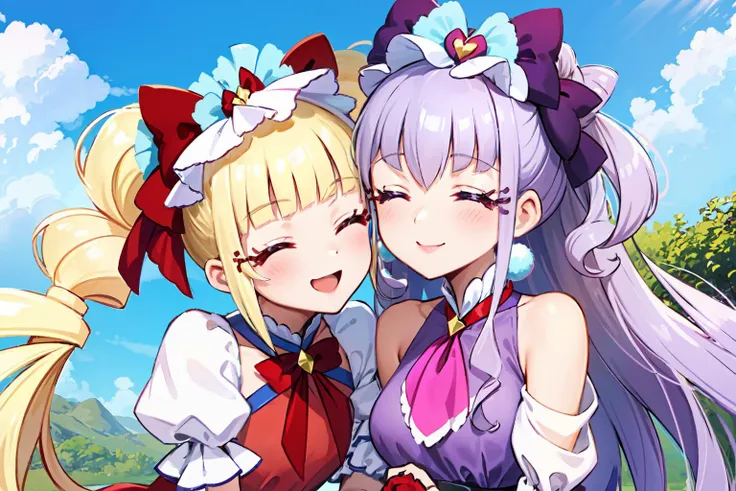 masterpiece,best quality,2girls,leaning on each other,upper body,blue sky,
AND 2girls,leaning on each other,upper body,blue sky,(1girl,cure macherie,blonde hair,(twintails),red hair bow,headdress,red dress,smile,closed eyes,<lora:locon_cure_macherie_01:0.9>,),
AND 2girls,leaning on each other,upper body,blue sky,(1girl,cure amour,light purple hair,purple ascot,purple dress,detached sleeves,purple hair bow,headdress,lipstick,smile,closed eyes,<lora:locon_cure_amour_01:0.9>,),