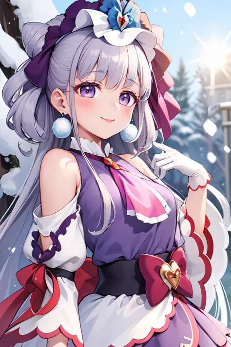 masterpiece,best quality,1girl,cure amour,purple dress,white gloves,ascot,wide sleeves,detached sleeves,layered dress,pom pom earrings,headdress,lipstick,smile,closed mouth,standing,(snowing),outdoors,upper body,dutch angle,lens flare,<lora:locon_cure_amour_01:0.9>,