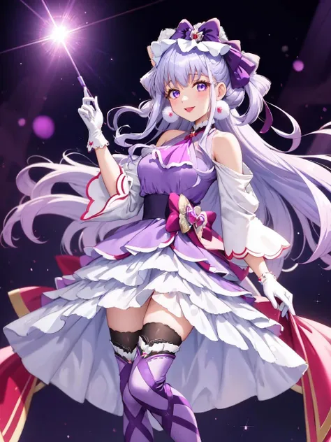 masterpiece, best quality, looking at viewer, depth of field, standing, full body, 
1girl, <lora:locon_cure_amour_01:0.9>, cure amour, purple dress, white gloves, ascot, wide sleeves, detached sleeves, layered dress, knee boots, purple thighhighs, ribbon-trimmed, pom pom earrings, headdress, lipstick, 
smile, (gradient background), lens flare,