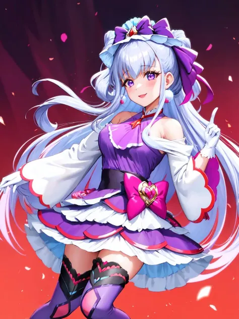 masterpiece, best quality, looking at viewer, depth of field, standing, full_body,
1girl, <lora:locon_cure_amour_01:0.85>, cure amour, purple dress, white gloves, ascot, wide sleeves, detached sleeves, layered dress, knee boots, purple thighhighs, ribbon-trimmed, pom pom earrings, headdress, lipstick, 
smile, (gradient background), lens flare,