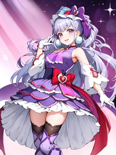 masterpiece, best quality, looking at viewer, depth of field, standing, full_body,
1girl, <lora:locon_cure_amour_01:0.9>, cure amour, purple dress, white gloves, ascot, wide sleeves, detached sleeves, layered dress, knee boots, purple thighhighs, ribbon-trimmed, pom pom earrings, headdress, lipstick, 
smile, (gradient background), lens flare,