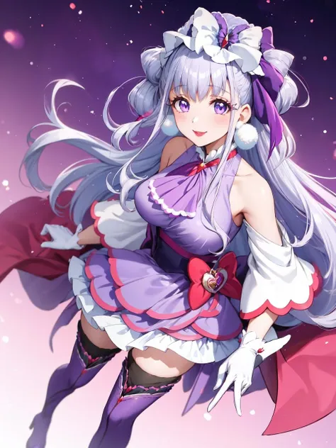 masterpiece, best quality, looking at viewer, depth of field, full body, from above, 
1girl, <lora:locon_cure_amour_01:0.9>, cure amour, purple dress, white gloves, ascot, wide sleeves, detached sleeves, layered dress, knee boots, purple thighhighs, pom pom earrings, headdress, lipstick,
smile, (gradient background), lens flare,