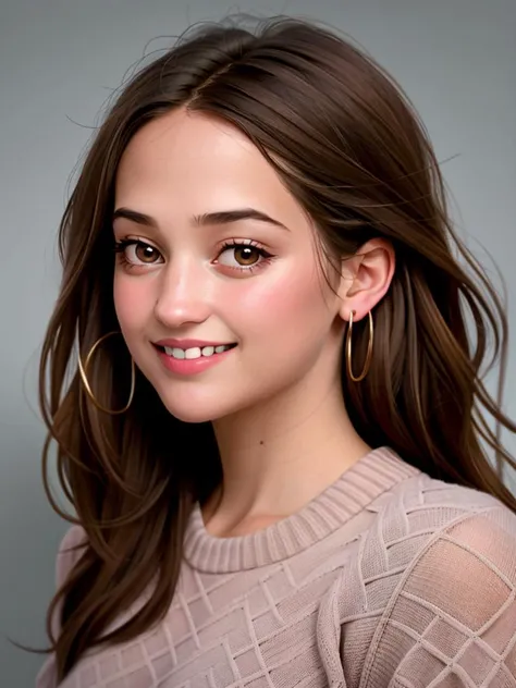 Realistic photo of a beautiful 4l1c14v woman, 1girl, solo, long hair, looking at viewer, smile, simple background, brown hair, brown eyes, jewelry, upper body, earrings, teeth, grey background, grin, sweater, lips, portrait, realistic, soft lighting, professional Photography, Photorealistic, detailed, RAW, analog, sharp focus, 8k, HD, high quality, masterpiece<lora:4l1c14v:1.0>
