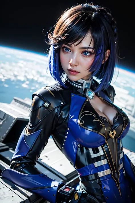 hyper realistic, intricate design, (insanely detailed:1.4), (extremely fine details:1.35), Extremely sharp lines, cinematic lighting, (Photo realistic:1.5), , (photorealistic:1.4), masterpiece, best quality, hyper-detailed, 8K, warm lighting, soft lighting, ((masterpiece)), (best quality), (detailed), (real person:1.3),(highres:1.4),(detailed:1.5),(realistic:1.7), (splendid and colorful:1.1), out of focus, , (high contrast), (colorful), highest details, backlighting, light on face, highest quality, ultra detailed, highres, cinematic light,
portrait, robot,black blue armor, black blue shimmering hair, neon light, 8K, RAW, best quality, masterpiece, ultra high res, colorful, (medium wide shot), (dynamic perspective), sharp focus ,depth of field, extremely detailed eyes and face, beautiful detailed eyes,large breasts,(black blue, trimmed gear:1.2),(In a futuristic space:1.2), (battle pose:1.3), <lora:A-Mecha Musume:0.5>, mecha musume, , spaceship in background, <lora:Yelan - LoRA Collection of Trauter's:1> character \(series\), yelan, (futuristic bow:1.2), ((yelan (genshin), solo)), (dark hair,bob haircut), blue eyes,