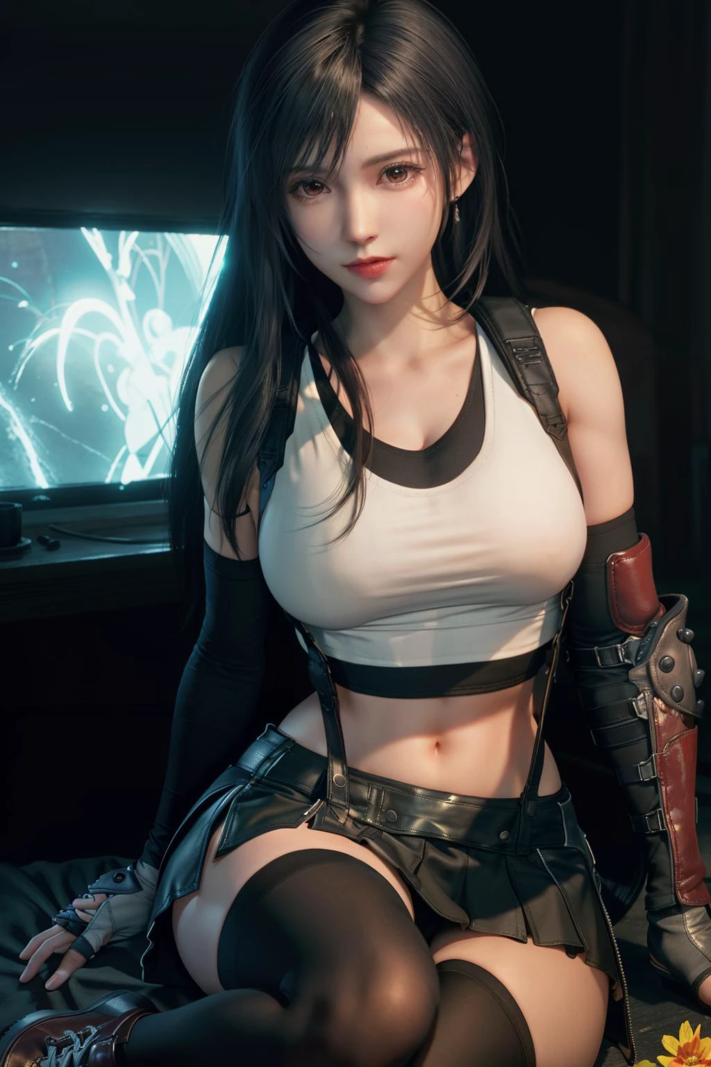 hyper realistic, intricate design, (insanely detailed:1.4), (extremely fine details:1.35), Extremely sharp lines, cinematic lighting, (Photo realistic:1.5), (photorealistic:1.4), masterpiece, best quality, hyper-detailed, 8K, warm lighting, soft lighting, ((masterpiece)), (best quality), (detailed), (real person:1.3),(highres:1.4),(detailed:1.5),(realistic:1.7), (splendid and colorful:1.1), out of focus, RAW photograph, art portrait, absurdres:1.2, (high contrast), (colorful), highest details, backlighting, light on face, highest quality, ultra detailed, highres, cinematic light,
tifa lockhart, final fantasy vii remake, 1girl, ankle boots, black hair, black skirt, black thighhighs, boots, breasts, crop top, elbow gloves, elbow pads, fingerless gloves, , gloves, lips, long hair,, low-tied long hair, medium breasts, nose, red footwear, signature, single elbow pad, , skirt, solo, sports bra, suspender skirt, suspenders, stockings, tank top, thighhighs, white tank top, midgar, green light, night, yellow flowers , (black skirt:1.2),(white tight crop top tank top), arm pit <lora:tifa_v2.3:0.8>
<lora:KoreanDollLikeness:0.4>, in city,