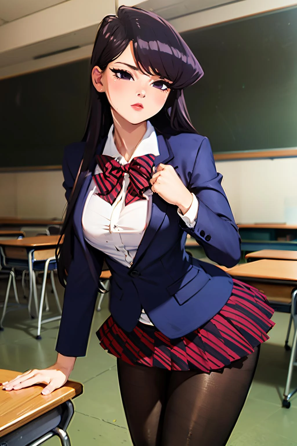 (masterpiece, best quality:1.2),intricate design, (insanely detailed:1.4), (extremely fine details:1.35),masterpiece, best quality, hyper-detailed((masterpiece)), (best quality), (detailed)
<lora:KoreanDollLikeness:0.5>
ShokoKomidef, purple hair, purple eyes, long hair
, (black pantyhose:1.3),, (school uniform:1.3), red skirt, red bow, (blazer:1.3) (microskirt:1.3)
<lora:Komi Shouko:0.6> <lora:Komi Shouko LoRA:0.5>
<lora:microskirt_v0.2:1>microskirt, (classroom:1.2)