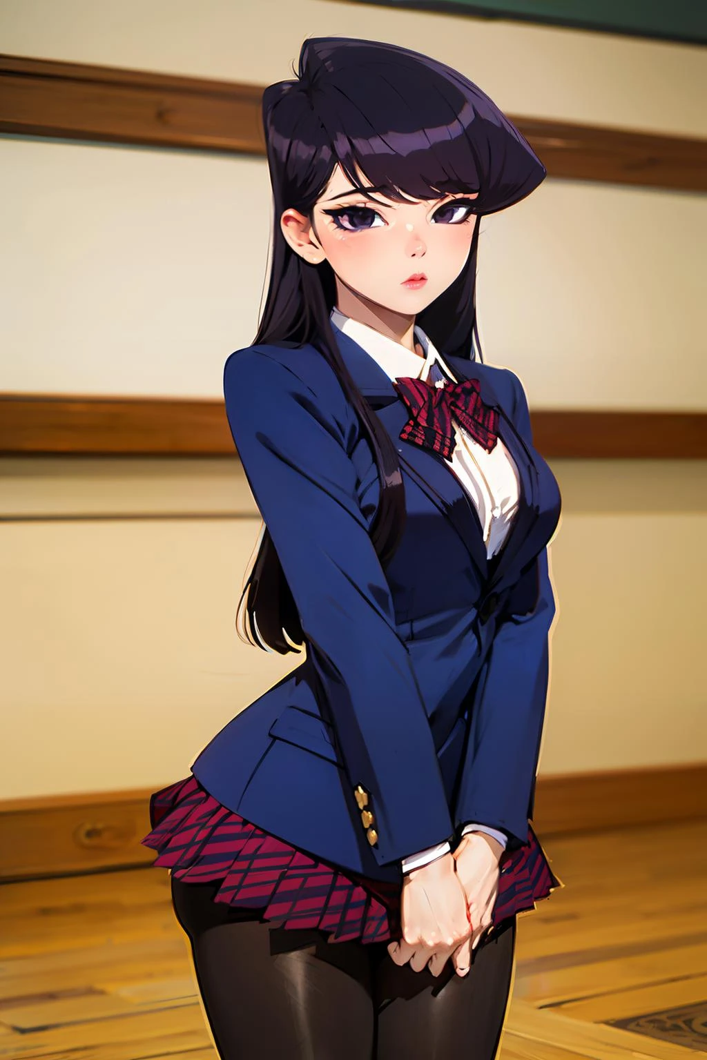 (masterpiece, best quality:1.2),intricate design, (insanely detailed:1.4), (extremely fine details:1.35),masterpiece, best quality, hyper-detailed((masterpiece)), (best quality), (detailed)
<lora:KoreanDollLikeness:0.5>
ShokoKomidef, purple hair, purple eyes, long hair
, (black pantyhose:1.3),, (school uniform:1.3), red skirt, red bow, (blazer:1.3) (microskirt:1.3)
<lora:Komi Shouko:0.6> <lora:Komi Shouko LoRA:0.5>
<lora:microskirt_v0.2:1>microskirt