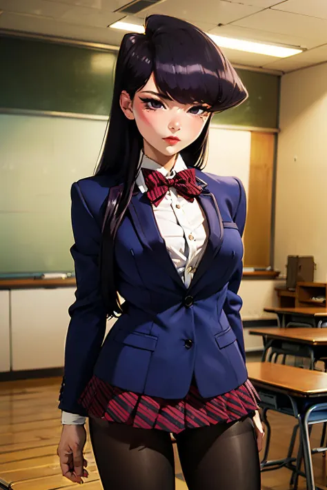 (masterpiece, best quality:1.2),intricate design, (insanely detailed:1.4), (extremely fine details:1.35),masterpiece, best quality, hyper-detailed((masterpiece)), (best quality), (detailed)
<lora:KoreanDollLikeness:0.5>
ShokoKomidef, purple hair, purple eyes, long hair
, (black pantyhose:1.3),, (school uniform:1.3), red skirt, red bow, (blazer:1.3) (microskirt:1.3)
<lora:Komi Shouko:0.6> <lora:Komi Shouko LoRA:0.5>
<lora:microskirt_v0.2:1>microskirt, (classroom:1.2)