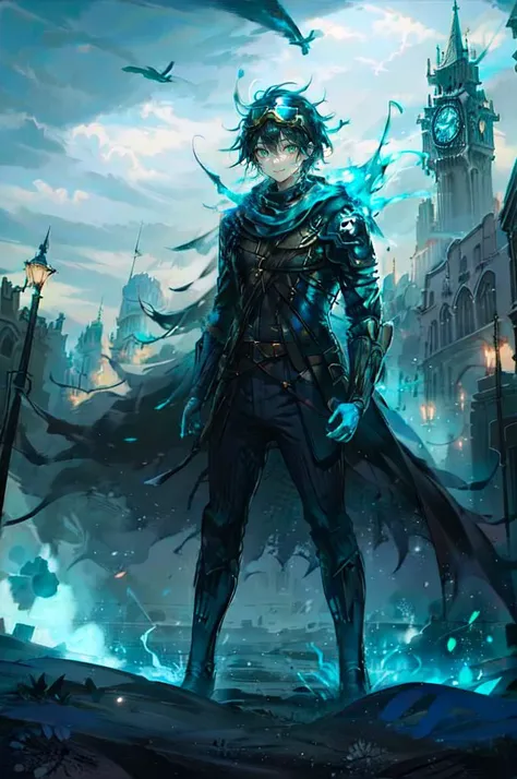 <lora:Shadow Isles:0.8> Shadow Isles,, ultra detailed, masterpiece, best quality, aesthetic, detailed,, ultra detailed, masterpiece, best quality, solo, smile, 1boy, green eyes, short hair, black hair, bangs, hair between eyes, messy hair, (goggles on head:1.2),, headband, white coat, hooded coat, hood down, open coat, turtleneck, capri pants, pants, black knee boots,