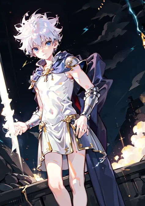 masterpiece, best quality, 1boy, <lora:killuaHunterXHunter_v10> killua, medieval armor, heavy armor, blue cape, drapery, inside a medieval castle, lightning