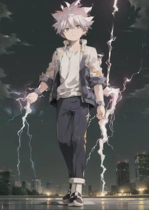 ((masterpiece)), ((best quality)), 1boy, focus, <lora:killuaHunterXHunter_v10>, (killua), walking, outside, night sky, (storm clouds), rain, metropolis background, ((lightning)), ((thunder)), (stylish clothing), seen from above, serious face, ((vivid colors))