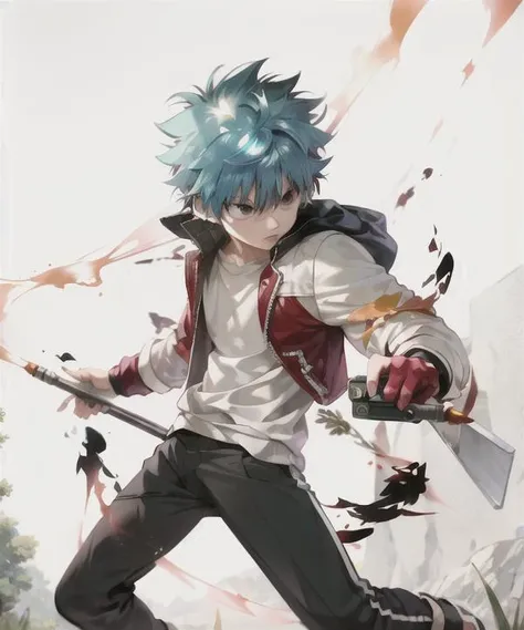 ((masterpiece)), ((best quality)), 1boy, solo, focus, <lora:killuaHunterXHunter_v10>, (killua), fighting, dynamic pose, summer, forest background, (stylish clothing), angry, dynamic camera angle, ((vivid colors)), teenager