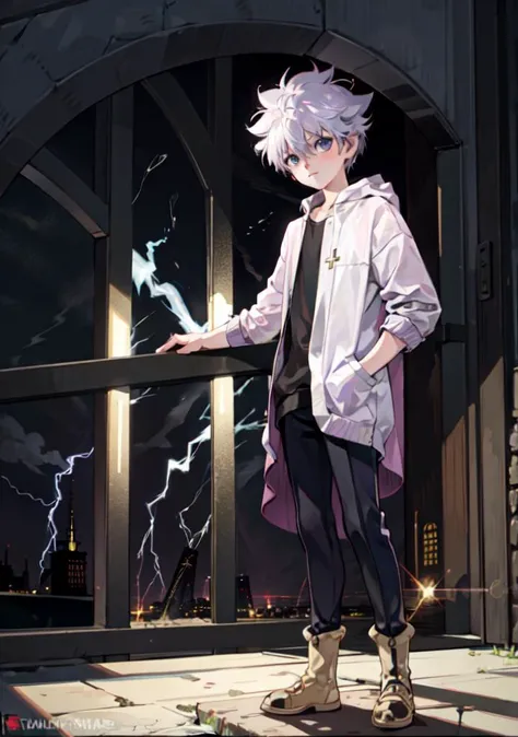 masterpiece, best quality, 1boy, <lora:killuaHunterXHunter_v10> killua, stylish clothing inside a medieval castle, lightning