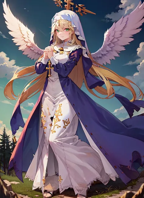 ((best quality)), ((highly detailed)), masterpiece, absurdres, (detailed eyes, deep eyes), (1girl), full body, , ((angel)), angelic, large white wings, symmetrical wings, (halo), golden glow, calm smile, long hair, flowing (nun's habit), (cross), Selective yellow hair, green eyes, (floating hair), (clouds), <lora:prayhands:.8>, prayhands, interlocked fingers, own hands together, (in a pine_tree forest, morning)