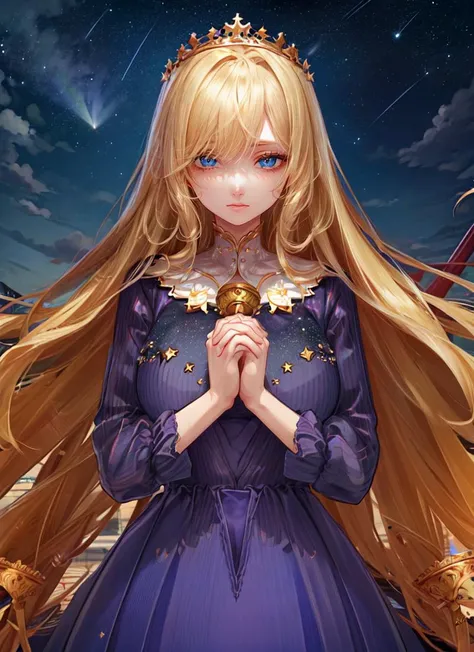 ((best quality)), ((highly detailed)), masterpiece, absurdres, extremely detailed face, beautiful face, (detailed eyes, deep eyes), (1girl), upper body, <lora:prayhands:.8>, prayhands, interlocked fingers, own hands together, <lora:hairdetailer:.8>, princess, ((very long hair)), curly hair, blonde hair, large dress, crown, (in a resort, night, night sky, stars, moonbeam, shooting star, telescope)