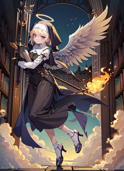 ((best quality)), ((highly detailed)), absurdres, detailed face, beautiful face, (detailed eyes, deep eyes), (1girl), dynamic pose, full body, wide shot, ((archangel with a fire spear and a shieldarmor)), angelic, platinum blonde hair, (floating hair), purple eyes, large white wings, symmetrical wings, (halo), golden glow, calm smile, short hair, flowing (nun, habit), maxi skirt, (cross), (clouds), <lora:prayhands:.8>, prayhands, interlocked fingers, own hands together, (inside, at a library, librarian, book shelves)