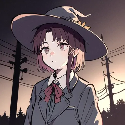 1girl, iwakura lain, cowboy shot, (schlain:1.5), <lora:lain-v1r1:0.8>, grey jacket, green skirt, plaid skirt, brown eyes, red bow, expressionless, outdoors, (utility pole:1.5), closed jacket, cloudy sky, dar, perspective,masterpiece, best quality, ultra-detailed, portrait of a young witch reading a magic book, soft delicate beautiful attractive face with enchanting hazel eyes, flowing robes in rich shades of burgundy and gold, pointed hat adorned with feathers and gemstones, ancient runes inscribed on tree trunk, lush forest background with shimmering sunlight peeking through branches, (fluttering leaves and twigs: 1.05), (mysterious owl perched on branch: 1.1), (glimmering fireflies: 1.15), (magical runes and symbols surrounding witch: 1.2)