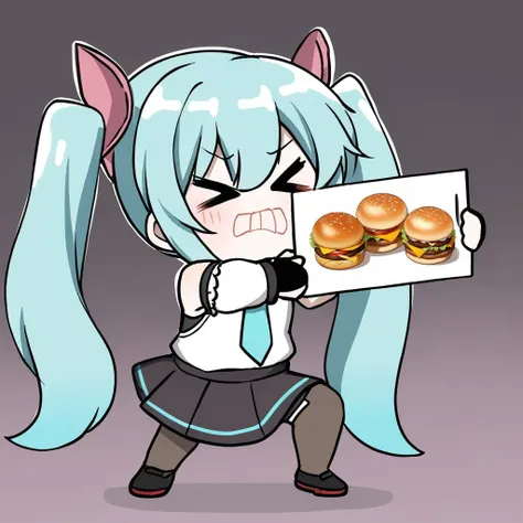 1girl, solo, hatsune miku, vocaloid, aqua hair, aqua eyes, hair ornament, aqua necktie, cyan shirt, sleeveless, detached sleeves, black sleeves, black skirt, black footwear, can't show this \(meme\), holding sign, \> \<, masterpiece, best quality,<lora:cant_show_this_xl:1>