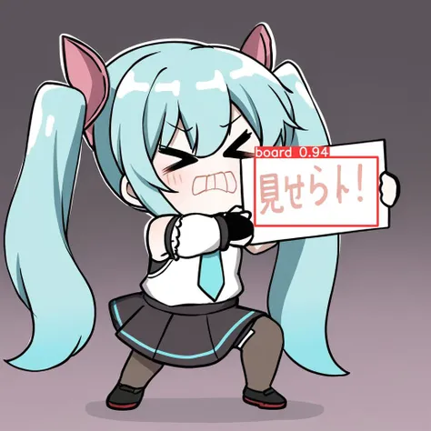 1girl, solo, hatsune miku, vocaloid, aqua hair, aqua eyes, hair ornament, aqua necktie, cyan shirt, sleeveless, detached sleeves, black sleeves, black skirt, black footwear, can't show this \(meme\), holding sign, \> \<, masterpiece, best quality,<lora:cant_show_this_xl:1>