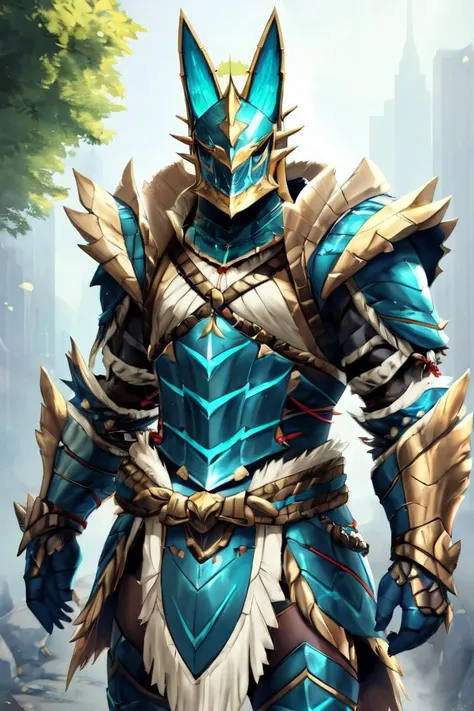 character portrait of an adult, (male:1.4), (human:1.2), zinogre gx armor, helmet, headwear, thin, hi res, soft shading, (detailed eyes), beautiful eyes, detailed face, good anatomy, cinematic lighting, by woolrool, crayon \(artist\), buta99, athletic, detailed background, outdoors, full body,
