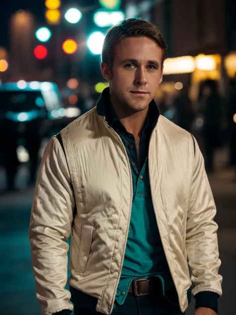 <lora:driv3man,white jacket,blue pants:1> driv3man,white jacket,masterpiece,8k,uhd,soft lighting,city street,neon lights,nighttime,bokeh,extreme dof,volumetric lighting