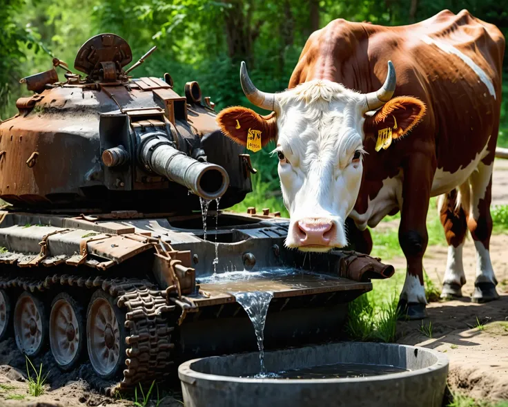 a perfect cow drinking from a (miniature) vtnktnk tank being used as a water trough, spigot, dslr, 8k, beautiful, hyper realistic <lora:vtnktnk_SDXL_v1_32-000015:1>