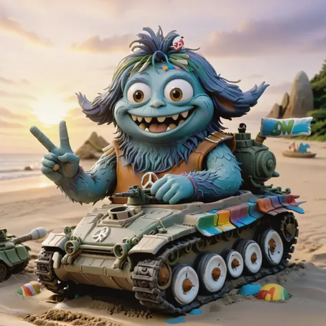 a happy (fluffy monster) driving a (miniature) vtnktnk tank, potma style, (peace sign), dslr, 8k, beautiful, perfect face, hyper realistic, beach, hypnotic sunset <lora:vtnktnk_SDXL_v1_32-000015:0.4> <lora:M0nstrcrz_SDXL_v1_32:0.2> <lora:retr0magz_SDXL_v1_32:0.2> <lora:Johan_Potma_Art_Style_SDXL:0.4> <lora:DD-made-of-clay-XL-v2:0.8> (made-of-clay:1.2) <lora:last:0.4> (Amanda Sage style:0.5)